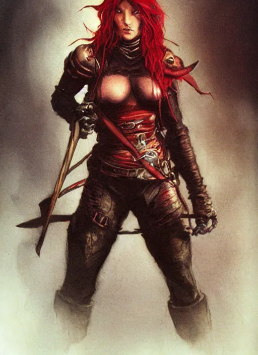 Image similar to portrait of strong female rogue, beautiful! coherent! dungeons and dragons character, by brian froud, strong line, night color, leather armor, short red hair, high contrast