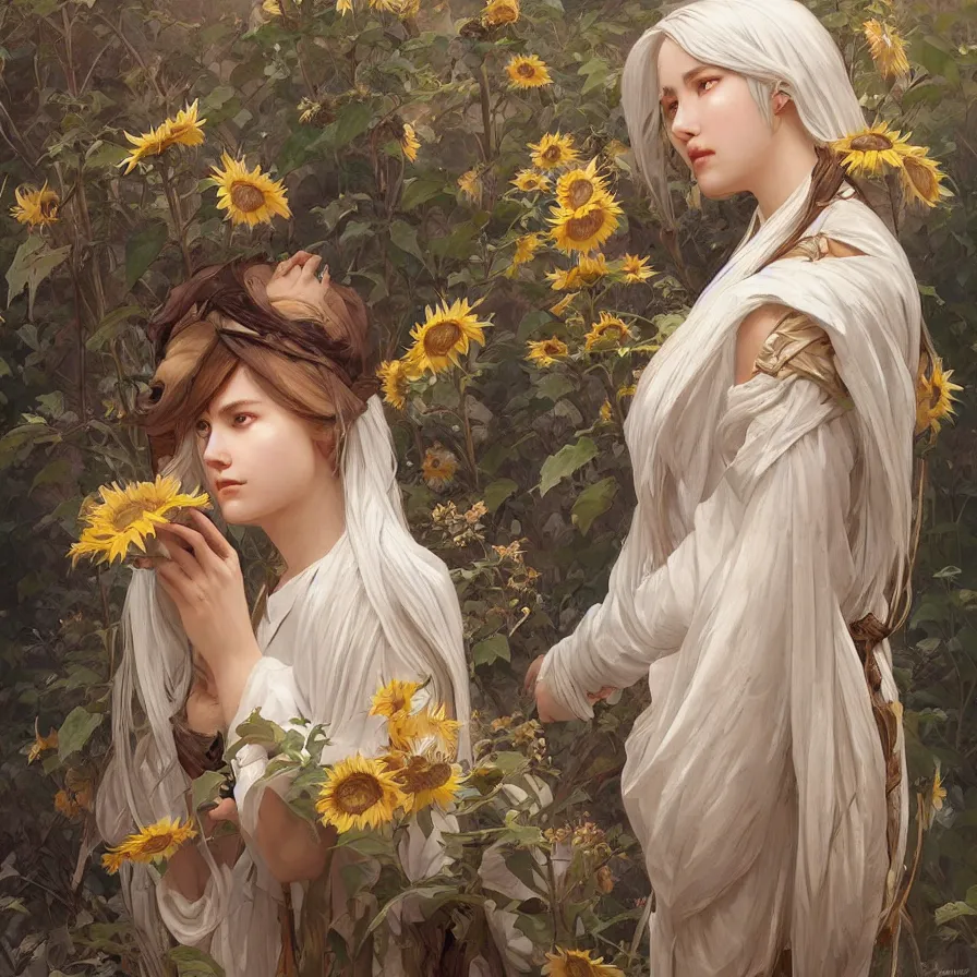 Prompt: portrait of white sunflower goddess with east-asian facial features, highly detailed, digital painting, artstation, concept art, sharp focus, illustration, art by artgerm and greg rutkowski and alphonse mucha