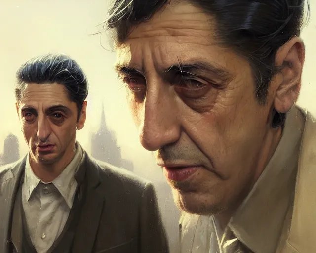 Image similar to highly detailed portrait of young al pacino as vito scaletta, in mafia 2, stephen bliss, unreal engine, fantasy art by greg rutkowski, loish, rhads, ferdinand knab, makoto shinkai and lois van baarle, ilya kuvshinov, rossdraws, tom bagshaw, global illumination, radiant light, detailed and intricate environment