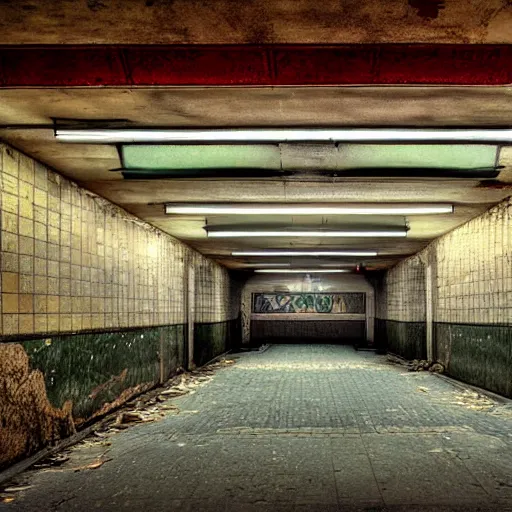 Prompt: painting of an abandoned art deco subway station