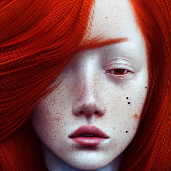 Image similar to portrait of a redheaded woman with freckles. intricate abstract. intricate artwork. by Tooth Wu, wlop, beeple, dan mumford. octane render, trending on artstation, greg rutkowski very coherent symmetrical artwork. cinematic, hyper realism, high detail, octane render, 8k, chrome accents