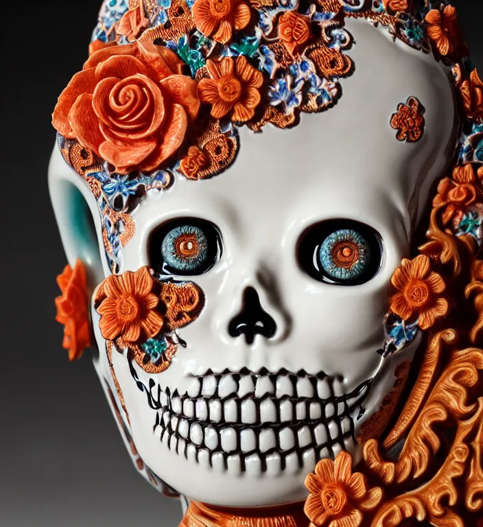 Image similar to La Catrina, A Close up photo-real delicate ceramic porcelain sculpture of a symmetrical ornate detailed in front of an intricate background by Victo Ngai and takato yamamoto, micro detail, backlit lighting, face in focus, subsurface scattering, translucent, thin porcelain, colorful, physically based rendering, japanese pottery, trending on cgsociety