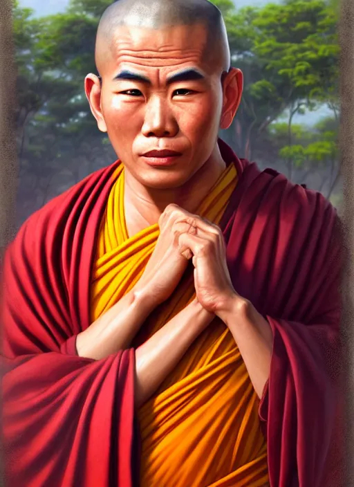 Image similar to smart tai buddhist monk, sukothai, closeup portrait, without eyebrows, historical hero, ethnic group, tai costume, intricate, elegant, loin cloth, highly detailed, oil painting, artstation, concept art, matte, sharp focus, illustration, hearthstone, art by earl norem