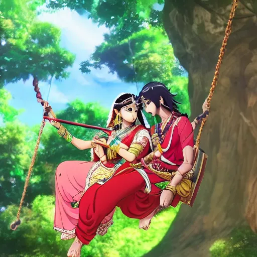 Image similar to radha and krishna on a swing in the forest, anime adaptation of the radhakrishn tv show, mushoku tensei, style, wide angle, vivid detail, god eater, anime, studio bind