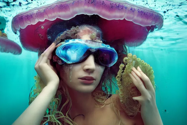Image similar to closeup view of a Ukrainian lush female jellyfish human hybrid wearing vacuum tube amp roman armor and visor shades and tube amp necklace, inside of an underwater convenience store with floating candy, outline of large submarine underwater in the distance, ektachrome color photograph, volumetric lighting, off-camera flash, 24mm f8 aperture