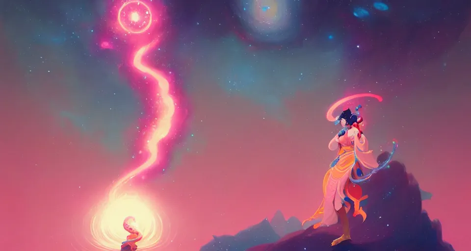 Image similar to a source of light surrounded with spiriling sparkling rose crystals and galaxies, by peter mohrbacher, hyper light drifter color pallet, ukiyo - e trending on artstation