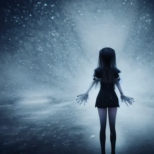 Prompt: photorealistic full body shot of masterpiece angry darkness anime girl, beautifull lovely eyes, stop with your ugly eyes!! electric aura with particles, snowing frozen ice, darkness background, inspired by tim burton, detailed, unreal engine 4 k, volumetric light, fog