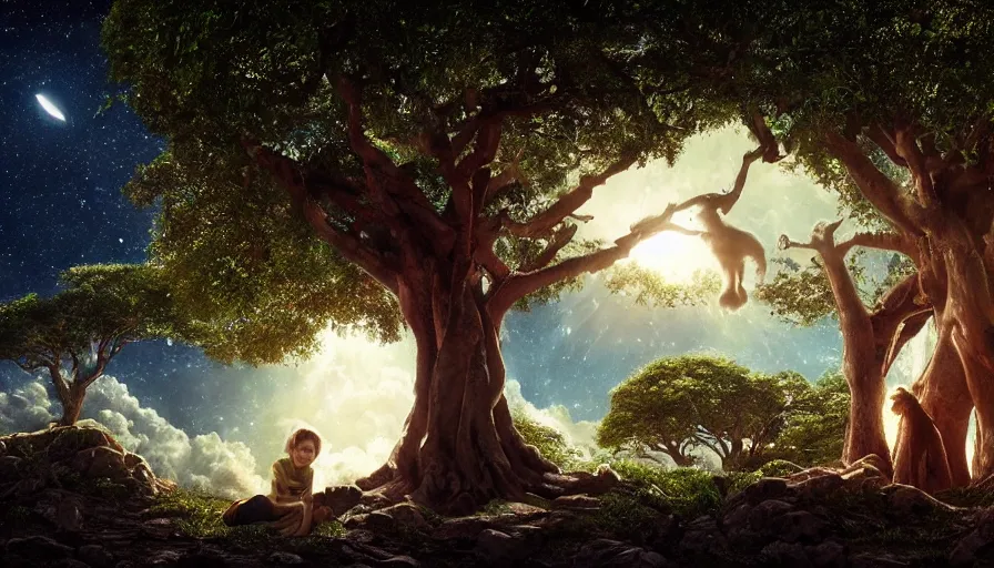 Image similar to very very small goat, sitting on a gigantic banyan tree in moonlit socotra island by ilya kuvshinov, starry night, rtx rendering, octane render 1 2 8 k, maya, extreme high intricate details by tom bagshaw, medium shot, close up shot, composition by sana takeda, lighting by greg rutkowski, stranger things