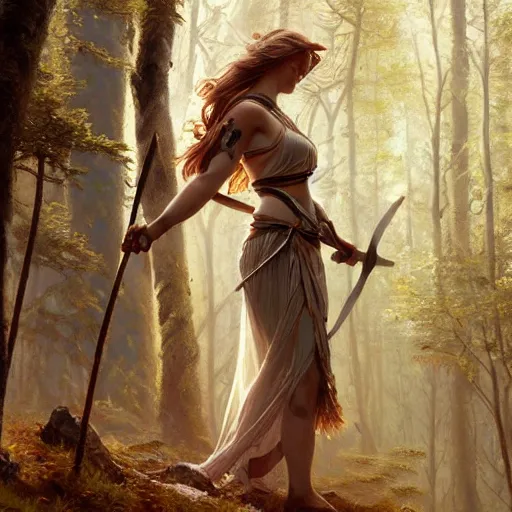 Image similar to The viking goddess Freya walking near a forest in spring season, athletic , gorgeous, beautiful, intricate, highly detailed, digital painting, artstation, concept art, sharp focus, illustration, art by greg rutkowski and alphonse mucha