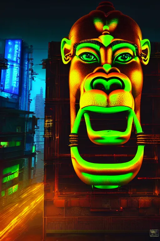 Image similar to high quality 3 d render hyperrealistic cyberpunk hanuman head building, neon yellow madhubani, highly detailed, in sci - fi mumbai, unreal engine cinematic smooth, liam wong, moody light, low angle, uhd 8 k, sharp focus