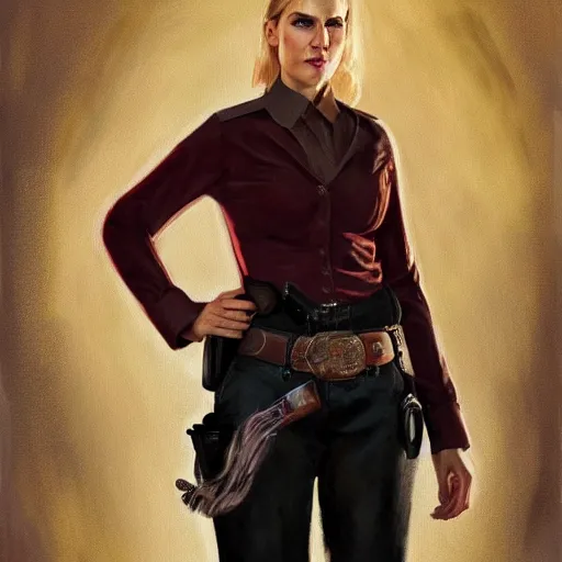 Image similar to ultra realistic portrait painting of kim wexler as a western outlaw, art by kuzma petrov, 4 k, ultra realistic, highly detailed, epic lighting