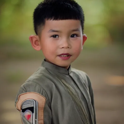 Prompt: cinematic still cute vietnamese 6 year old boy in star wars, slight underbite, heart shaped face, crew cut hair