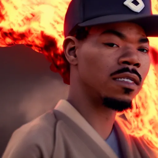 Image similar to cinematic film still of Chance The Rapper starring as a Samurai holding fire, Japanese CGI, VFX, 2022, 40mm lens, shallow depth of field, film photography