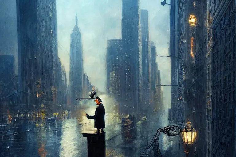 Image similar to portrait detective wearing a trench coat in profile smoking a sherlock holmes pipe on a perch facing the city at night, smooth, focus, highly detailed, hyper realistic, dramatic lighting, intricate, concept art, new york skyline, looking down, art by wlop, greg rutowski, artstation