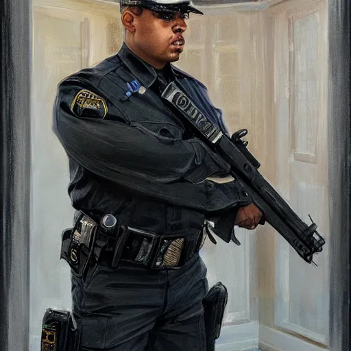 Image similar to kim kardashian as a cop, police uniform, full body view, full pov, haunted house interior, pretty, aesthetic, dust molecules, matte detailed photo, DeviantArt, Artstation, by donato giancola, ralph horley, loish, cinematic lighting