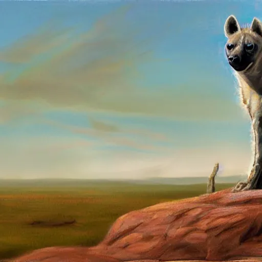 Image similar to concept art of an hyena standing on a rock looking out the horizon of the savana, realism, drawing