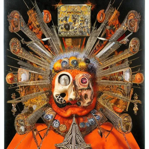 Image similar to album cover, religious reliquary, black, white, orange, psychedelic, giuseppe arcimboldo