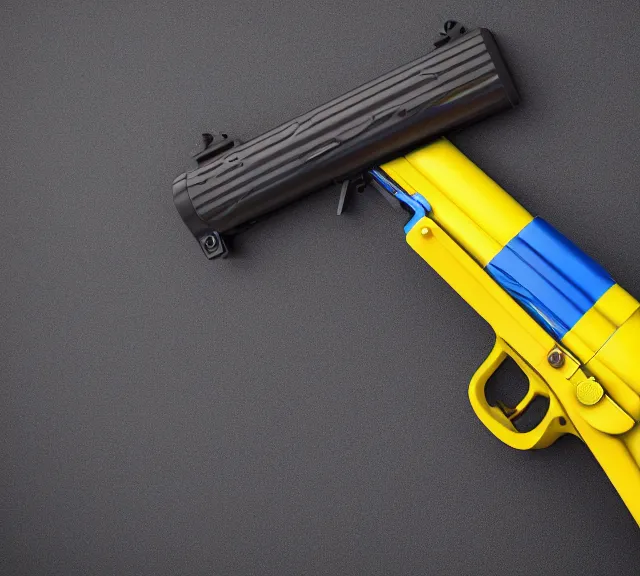 Image similar to a 4 k photorealistic photo full shot of a yellow and blue gun.