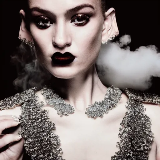 Prompt: close up of face of a fashion model in luxury dress, at etna vulcano in background, dramatic lighting, smoke, official dior editorial, highly detailed