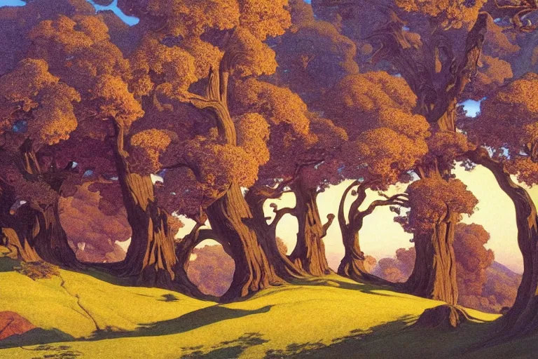 Prompt: masterpiece painting of oak trees along the ridge at dawn, by a. j. casson and john watkiss and edward okun and dan munford and maxfield parrish and kelly freas and j. c. leyendecker and marianne north