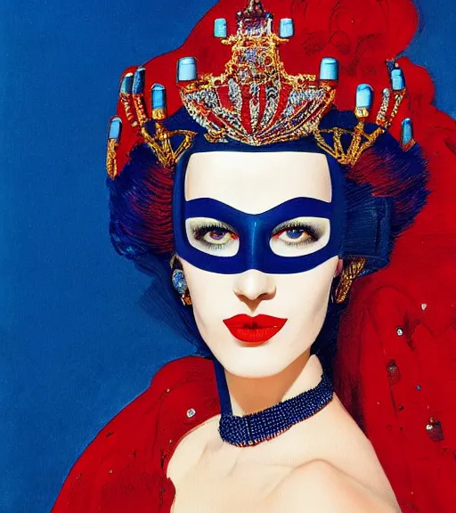 Prompt: an 8 0 s close - up portrait of a woman with dark blue eye shadow and red lips with dark slicked back hair, a mask of beads and jewels hanging from a crown by serge lutens, rolf armstrong, delphin enjolras, peter elson, background of classic red cloth