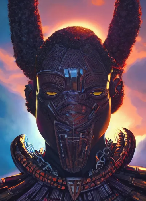 Prompt: highly detailed digital painting of afrofuturistic wakandan voodoo mask biocircuitry, sinister, artstation, concept art, matte, sharp focus, illustration, dramatic, cinematic sunset, hearthstone, art by artgerm and greg rutkowski and alphonse mucha