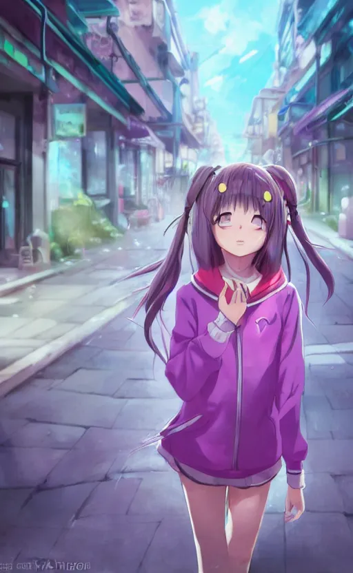 Image similar to anime girl with pink ponytail, wearing purple headphones, wearing a green sweater, with a smile on her face and her eyes closed, walking down a street, dynamic lighting, photorealistic fantasy concept art, trending on art station, very detailed, anime concept art, stunning visuals, creative, cinematic, ultra detailed