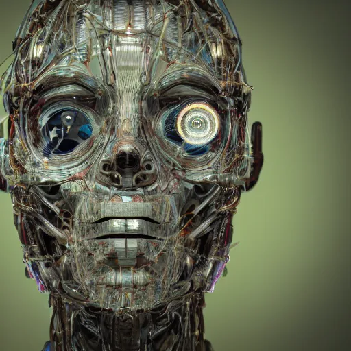 Image similar to very detailed portrait 55mm photo of a mechanical head without skin, with crystal bones and optic fiber nerves, gears in his head and cybernetic enhancements. Has cameras for eyes. In the forest with bokeh. Ray tracing and tessellation. Very sharp high detailed 8k image