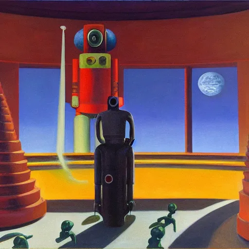 Image similar to robot overlords, observation deck, spaceship interior, view of earth, pj crook, edward hopper, oil on canvas