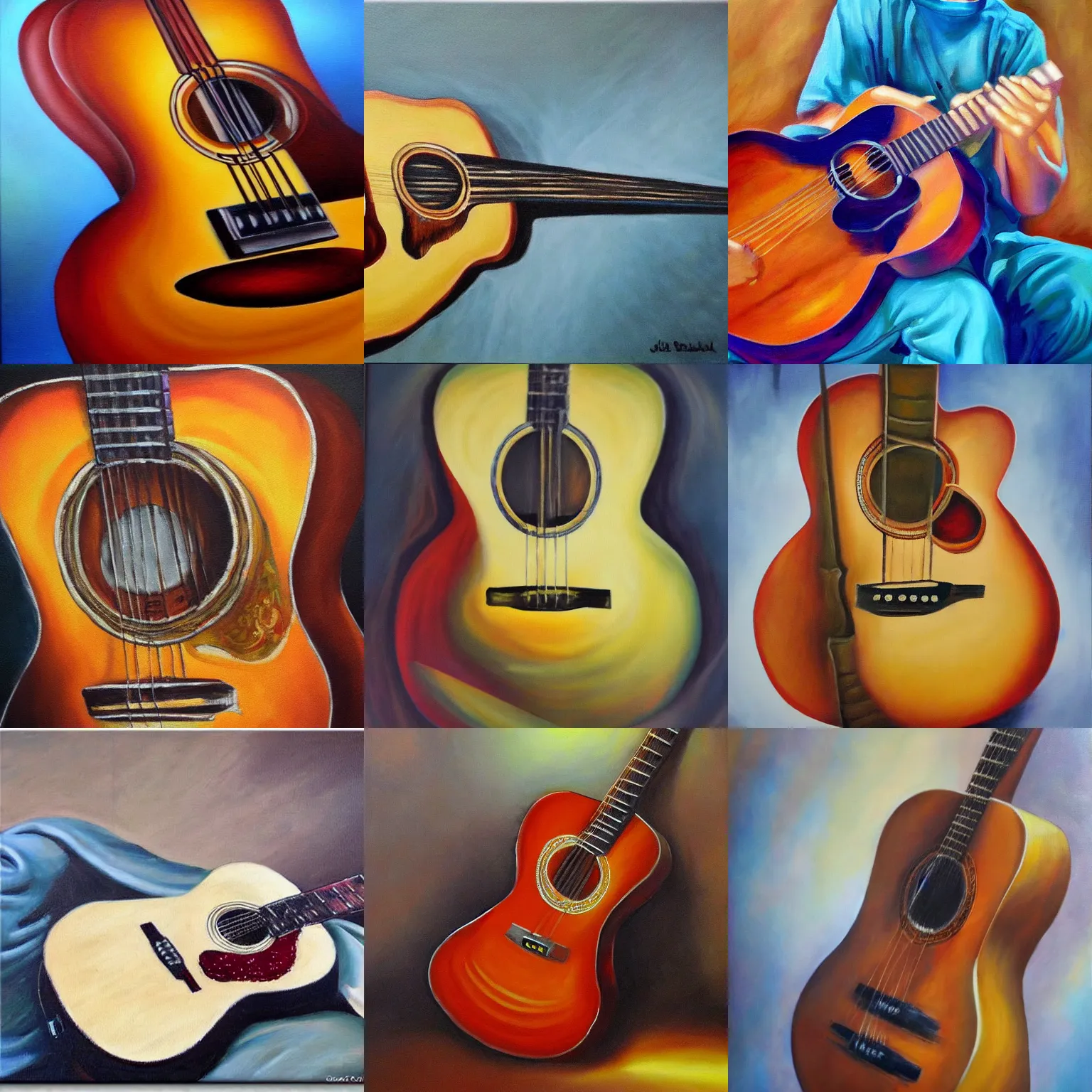 Prompt: oil panting on canvas, guitar, romantic, warm, musical notes, detailed, realistic