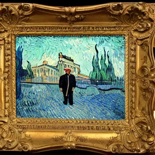 Image similar to donald trump as an 1890s french peasant in front of the white house painted by vincent van gogh