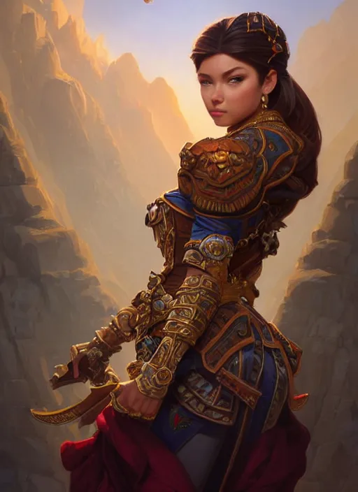 Image similar to portrait of russian mexican asian girl jodhpurs hyperborea lemuria, deep focus, d & d, fantasy, intricate, elegant, highly detailed, digital painting, artstation, concept art, matte, sharp focus, illustration, hearthstone, art by rhads by artgerm and greg rutkowski and alphonse mucha