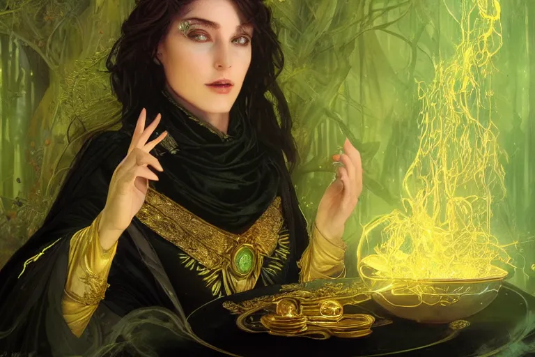 Prompt: a beautiful sorceress wearing a black robe with gold embroidery, sitting at table, casting a spell, green glows, painted by artgerm and tom bagshaw and alphonse mucha, in the style of magic the gathering, highly detailed digital art