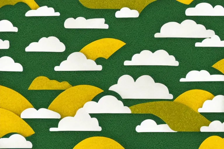 Prompt: paper craft, green textured hills and yellow sun graphic with white clouds and a colorful brick road, behance