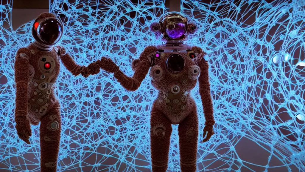 Image similar to a cybernetic symbiosis of a single astronaut mech-organic eva suit made of pearlescent wearing knitted shiny ceramic multi colored yarn thread infected with diamond 3d fractal lace iridescent bubble 3d skin dotted covered with orb stalks of insectoid compound eye camera lenses floats through the living room, film still from the movie directed by Denis Villeneuve with art direction by Salvador Dalí, wide lens,kevlar,carbon fiber,ceramics,gaseous materials,