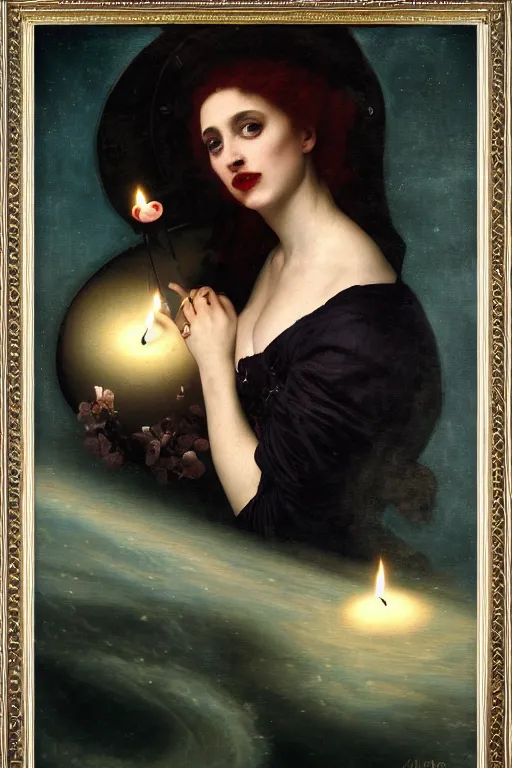 Image similar to a renaissance oil painting by alma tadema of demonic beautiful vampire woman mistress of death mourning widow in cosmos, cloudy nebula background, faint smile dark lipstick, hair bun, dark lit candles, colourful pastel trending artstation, detailed portrait academic bouguereau caravaggio high shadow contrast medium shot, rococo frame