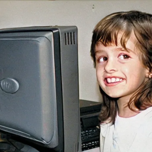 Image similar to 0 0 s kid with creepy smile behind a old computer monitor