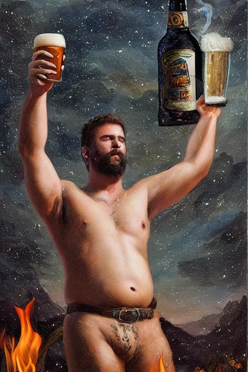 Prompt: a dramatic, epic, ethereal painting of a handsome thicc shirtless cowboy with a beer belly wearing a large belt and cowboy hat | background is a late night campfire with food and jugs of whisky | homoerotic | fire, flames, stars, tarot card, art deco, art nouveau, mosaic, intricate | by Mark Maggiori | trending on artstation