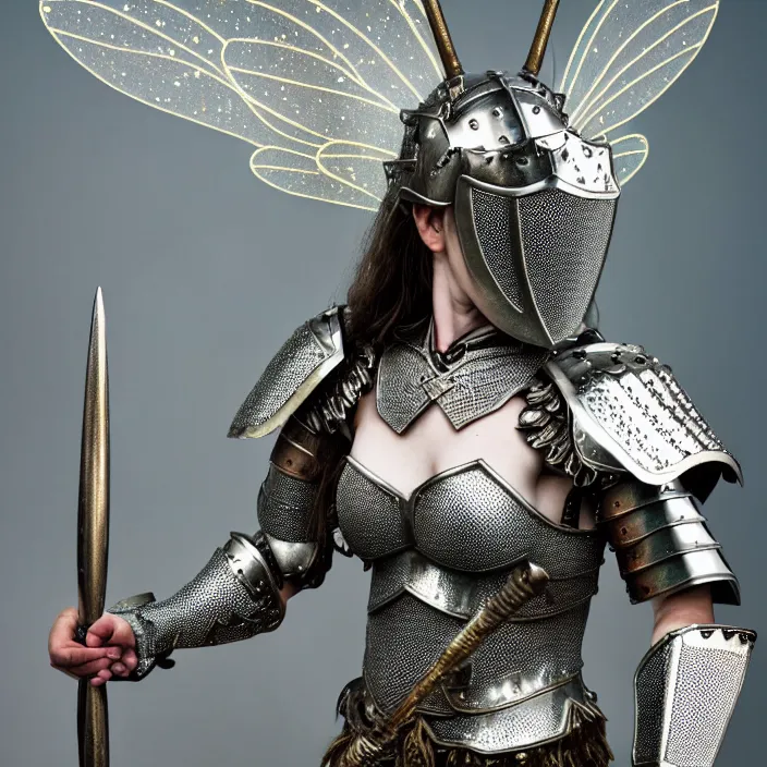 Image similar to full length photo of a fairy warrior wearing sparkling armour, highly detailed, 4 k, hdr, smooth, sharp focus, high resolution, award - winning photo