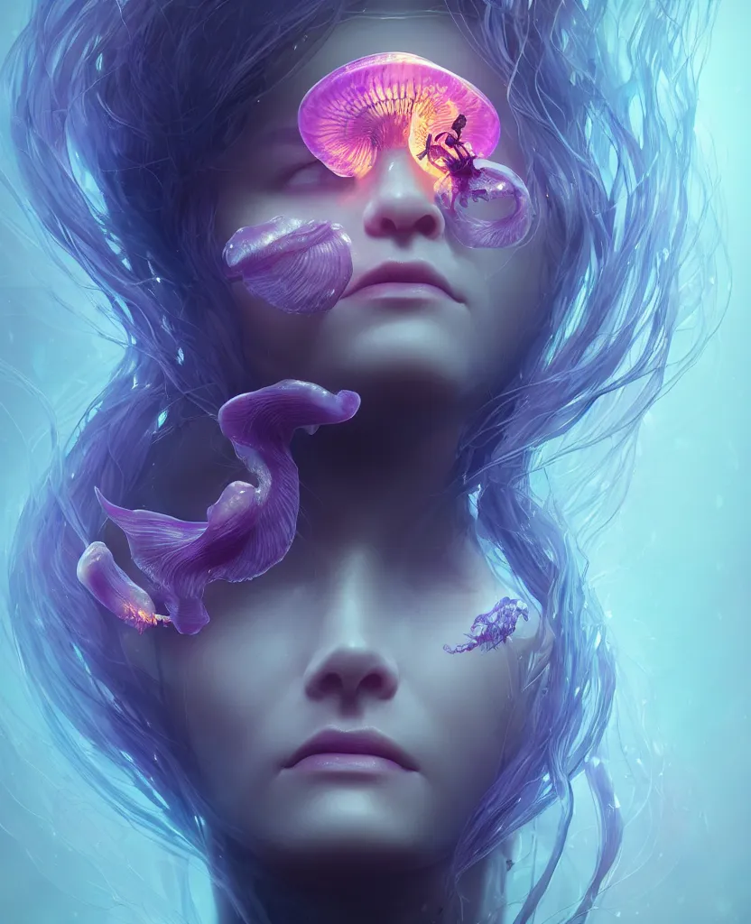 Image similar to beautiful female fused with orchid jellyfish, close-up portrait, dark, phoenix head, nautilus, skull, bioluminiscent, intricate artwork by Tooth Wu and wlop and beeple. octane render, trending on artstation, greg rutkowski, xsullo, very coherent symmetrical artwork. cinematic, hyper realism, high detail, octane render, 8k