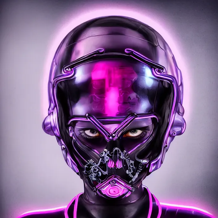 Image similar to biker girl in cybernetic helmet beautiful realistic symmetrical defined face, slight smile and open eyes, anatomically correct, cyberpunk, full portrait, high detail, realistic, synthwave neon pink and blue and red and purple and black