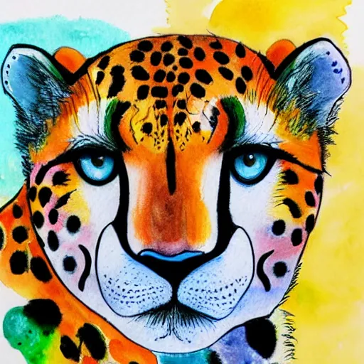 Prompt: colorful cheetah face in the style of laurel burch detailed watercolor and colored pencil painting 4 k