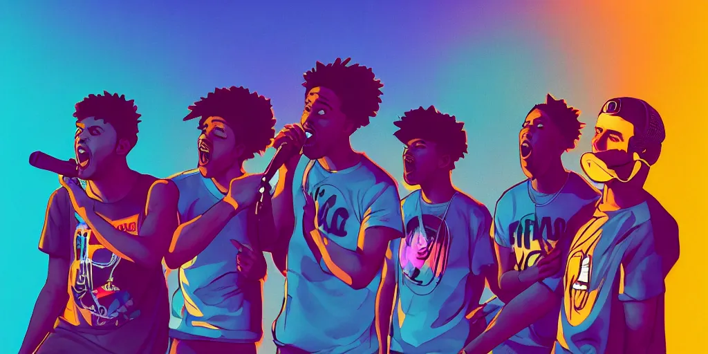 Prompt: four friends rapping with microphone in living room, epic pose, silhouetted, distinct, digital art, vaporwave, psychedelic, surreal, hip hop, trending on Artstation, professional artist, detailed, 4k