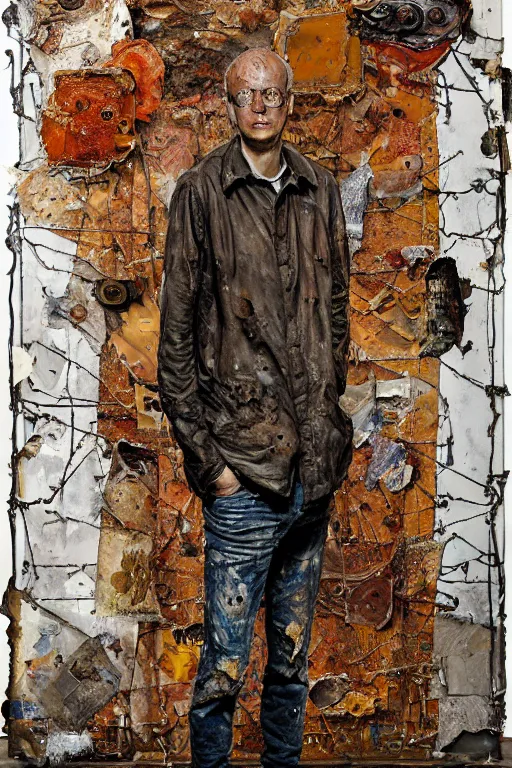 Image similar to a full length portrait of a very ordinary young man with a troubled expression, Anselm Kiefer and Lucian Freud and Jenny Saville, oil painting, rust, Scaffolding, rusted metal and sunflowers, iron cladding, decay, mixed media, textured, anatomically correct, beautiful perfect face, visible brushstrokes, sharp focus, Highly Detailed, photographic emulsion cracked and peeling, Cinematic Lighting, 8k, HD
