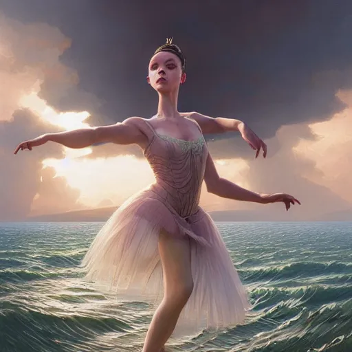 Prompt: a ballerina dancing on the seau, highly detailed vfx portrait, unreal engine, greg rutkowski, loish, rhads, caspar david friedrich, makoto shinkai and lois van baarle, ilya kuvshinov, rossdraws, elegent, tom bagshaw, alphonse mucha, global illumination, detailed and intricate environment.