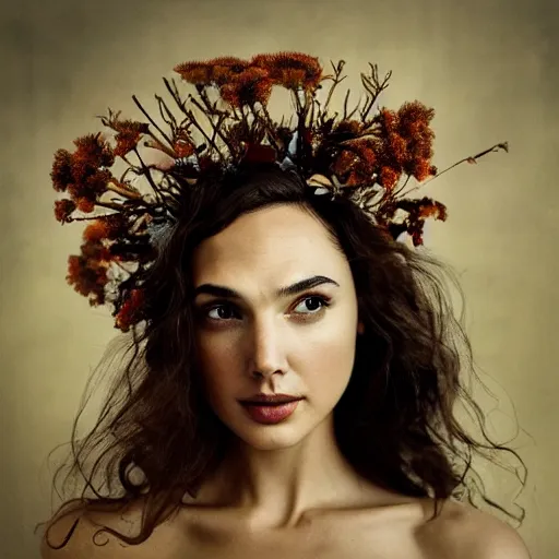 Image similar to fine art photo of the beauty goddess gal gadot, she has a crown of dried flowers, by oleg oprisco