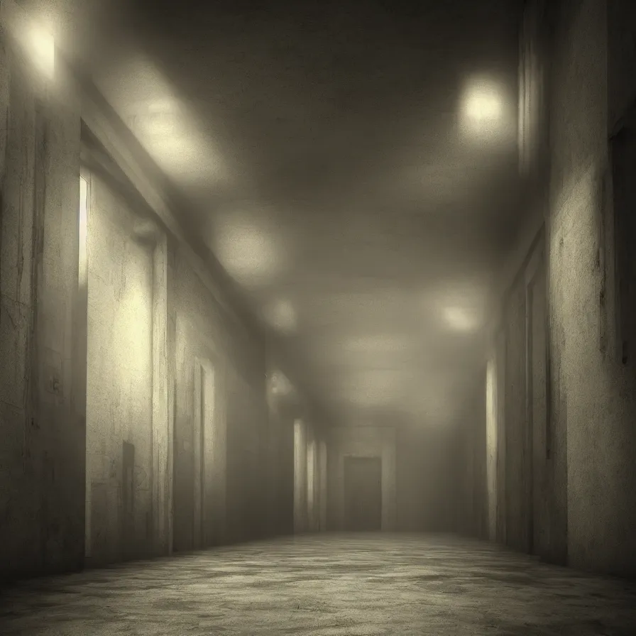 Image similar to dark and dim corridor, haunted, long exposure, detailed, hyper realistic, photorealism, ultra wide angle view, cinematic, peaceful, volumetric lighting