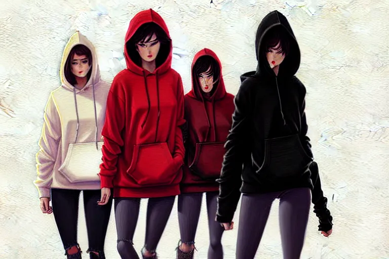 Prompt: a ultradetailed painting of three women in a oversized hoodie and sneakers by conrad roset, greg rutkowski and makoto shinkai trending on artstation