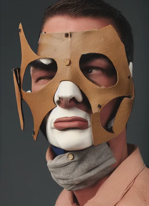 Image similar to a fashion portrait photograph by david lachapelle of a man wearing a leather mask designed by joseph albers, 3 5 mm, color film camera, studio lighting, pentax