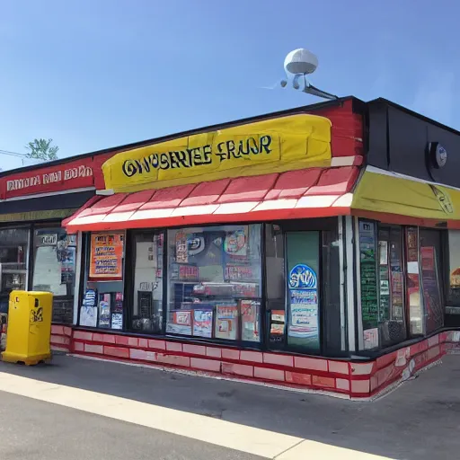 Image similar to the outside of a convenience store located on an asteroid in space